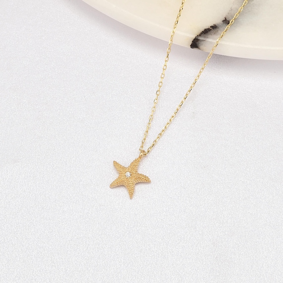 14K Gold Starfish Necklace, Gold Starfish Necklace, Starfish Necklace, Star Necklace, Starfish Charm Necklace, Starfish Pendant, 14K Gold.