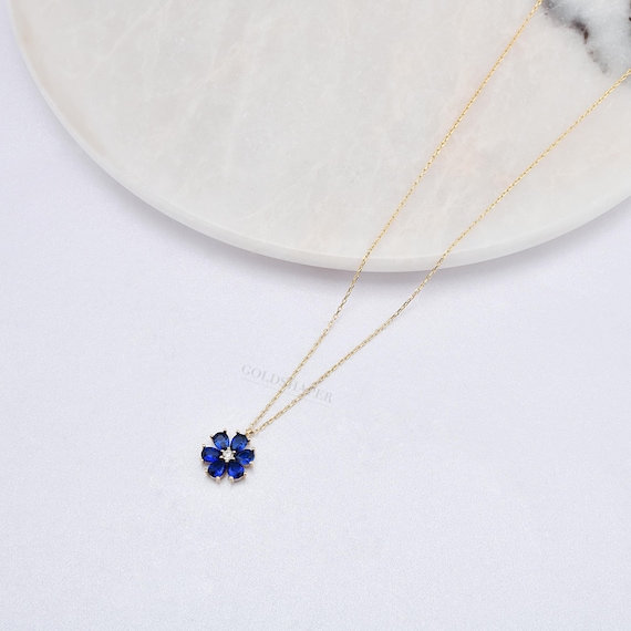 14K Gold Flower Sapphire Necklace, Gold Flower Necklace, Sapphire Necklace, Sapphire Flower Necklace, Flower With Sapphire Stones.