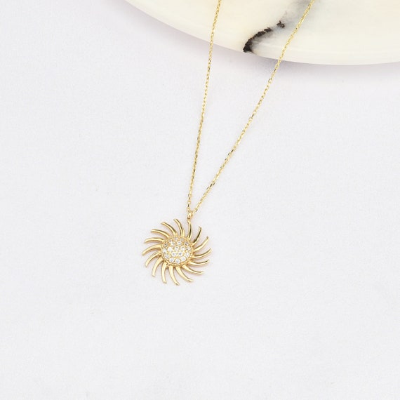 14K Gold Sun Necklace, Gold Sun Necklace, Sun Charm Necklace, Calestial Necklace, Sunshine Necklace, 14K Gold Necklace, Sun Symbol Necklace.