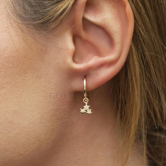 14K Gold Star Hoop Earrings, Star Earrings, Stars Earrings,  Stars Gold Earrings, Star Gold Earrings, 14K Gold, Calestial Earrings, 14K Hoop