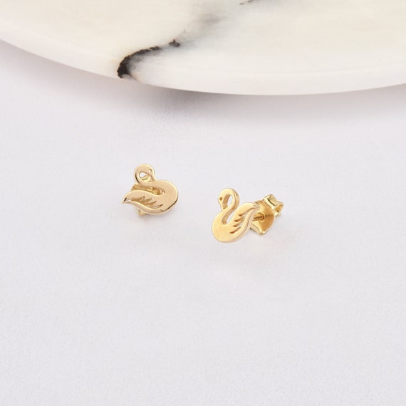 14K Gold Swan Earrings, Swan Gold Earrings, Swan Charm Earring, Lucky Swan Earrings, Swan Earring, Swan Animal Earrings, 14K Gold Earrings.