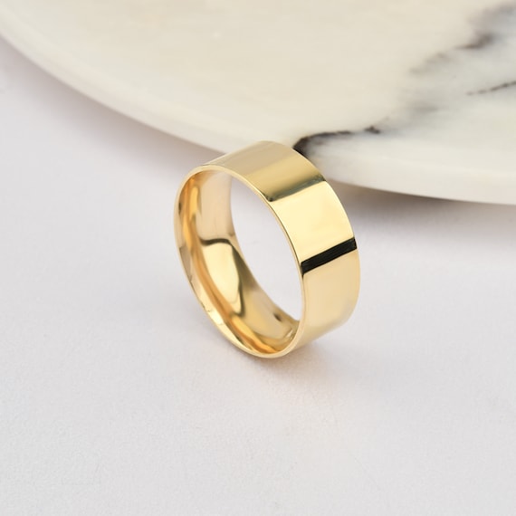 7mm Flat 14K-18K Gold Wedding Band, Gold Polished Ring, Free Laser Engrave, Comfort Wedding Band, Gold Engagement Ring, Gold Wedding Ring.
