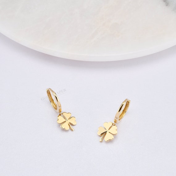 14K Gold Clover Hoop Earrings, Gold Clover Earrings, Clover Hoop Earrings, Clover Earrings, 4 Leaf Clover , 14K Hoop Earring, Gold Clover .