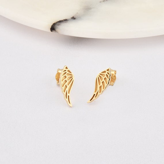14K Gold Angel Wing Earrings, Wing Gold Earrings, Angel Wing Earrings, Angel Earrings, Wing Shape Gold Earrings, 14K Gold Stud Earrings.
