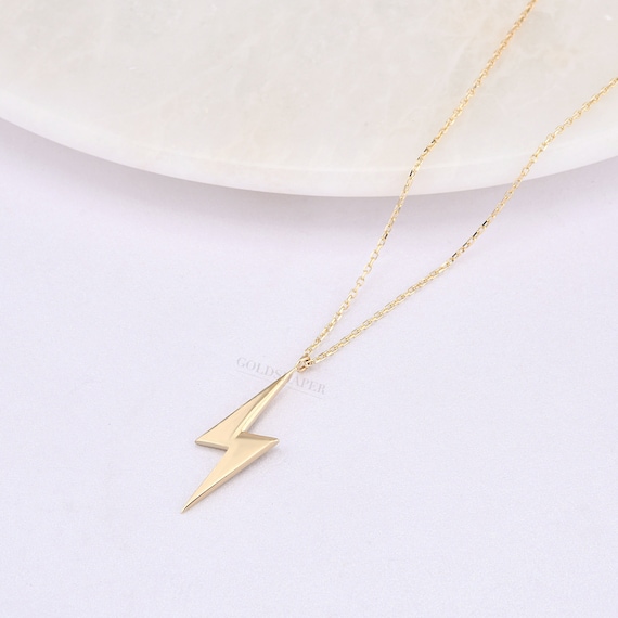 14K Gold Lightning Bolt Necklace, Gold Thunder Necklace, Lightning Bolt Necklace, Lightning Necklace, Nature Necklace, 14K Gold Necklace.