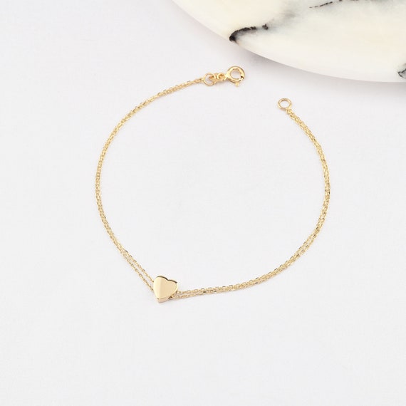 14K Gold Heart Bracelet, Heart Gold Bracelet, Heart Bracelet, Heart Shape Bracelet, Heart Symbol Bracelet, 14K Gold Bracelet, Heart Charm.