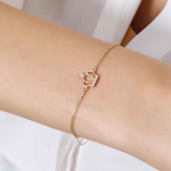 14K Gold Crown Bracelet, Crown Gold Bracelet, Crown Charm Bracelet, Princess Bracelet, Queen Bracelet, 14K Gold Princess Bracelet, 14K Gold.
