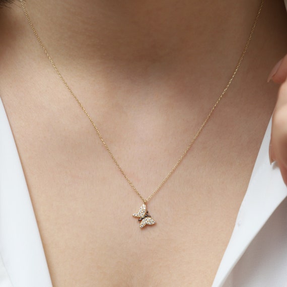 14K Gold Butterfly Necklace, Gold Butterfly Necklace, Butterfly Charm Necklace, Butterfly Gold Pendant, 14K Gold Necklace, Animal Necklace.
