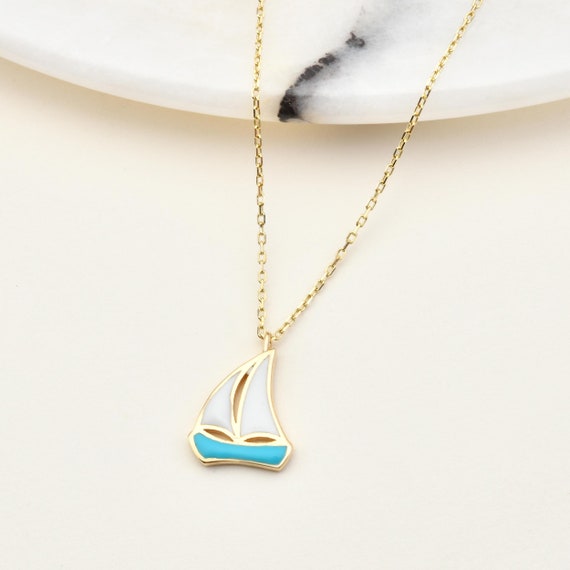 14K Gold Sailboat Necklace With Enamel, Gold Sailboat Necklace, Sailboat Necklace, Boat Necklace, Sailing Sport Necklace, 14K Gold Necklace.