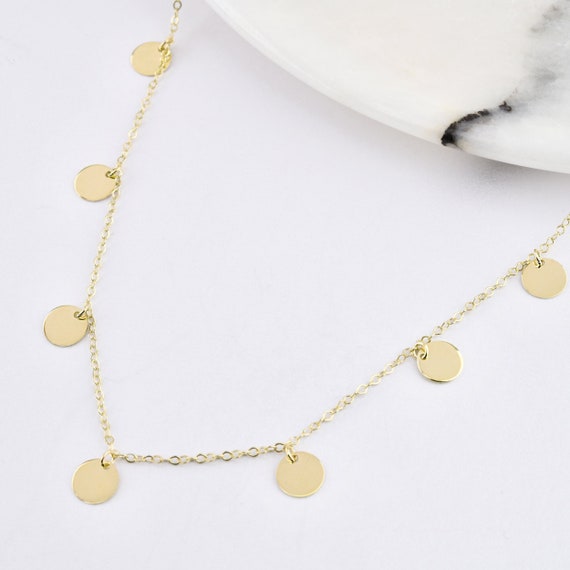 14K Gold Coins Necklace, Gold Discs Necklace, Station Necklace, Discs Necklace, Coins Necklace, 14K Gold 3-5-6-7-8-9-10-11 Coin Necklace.
