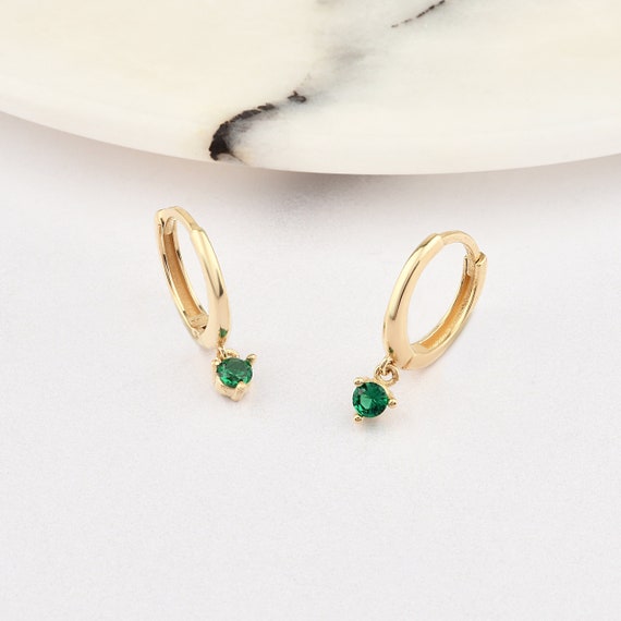14K Gold Emerald Hoop Earrings, Emerald Gold Earrings, Emerald Stone Earrings, Round Cut Emerald Earrings, Gold Hoop Earrings, Emerald.