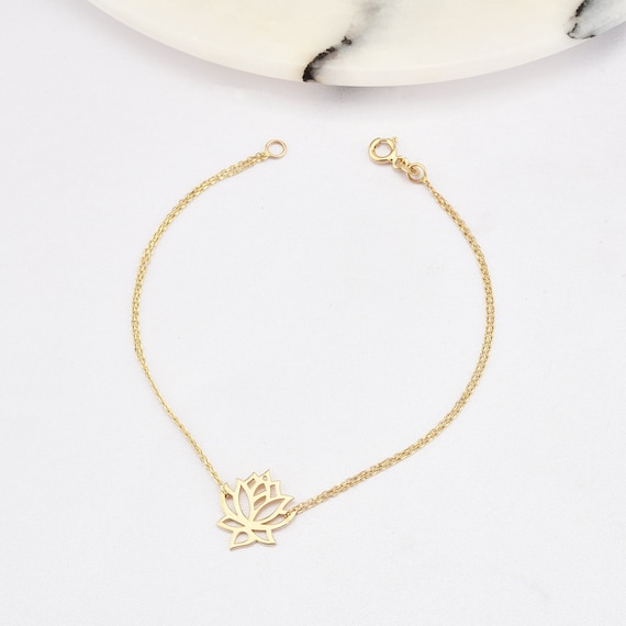 14K Gold Lotus Bracelet, Lotus Gold Bracelet, Lotus Flower Bracelet, Flower Bracelet, Lotus Symbol Bracelet, 14K Gold Bracelet.