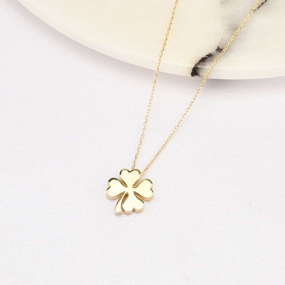 14K Gold Clover Necklace, 3D Clover, Gold Clover Necklace, 4 Leaf Clover Necklace, Floral Necklace, Lucky Clover Necklace, Flower Necklace.