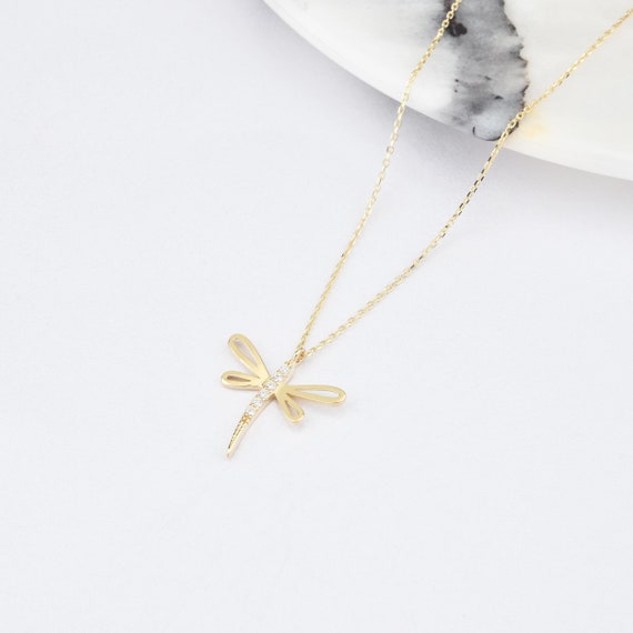 14K Gold Dragonfly Necklace, Gold Dragonfly Necklace, Dragonfly Necklace, Firefly Necklace, Dragonfly Charm Necklace, Dragonfly Pendant