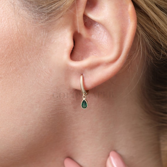 14K Gold Emerald Hoop Earrings, Emerald Gold Earrings, Emerald Stone Earrings, Pear Cut Emerald Earrings, Gold Hoop Earrings, Emerald.