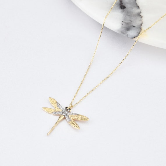 14K Gold Dragonfly Necklace, Gold Dragonfly Necklace, Dragonfly Necklace, Firefly Necklace, Dragonfly Charm Necklace, Dragonfly Pendant