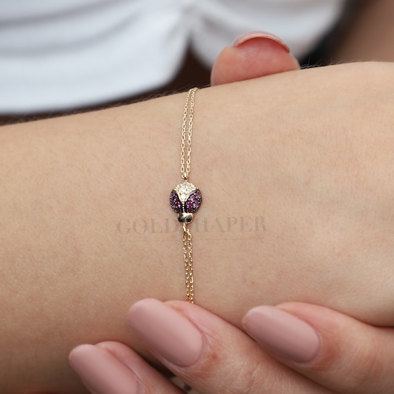 14K Gold Ladybug Bracelet, Ladybug Gold Bracelet, Lucky Ladybug Bracelet, Ladybug Bracelet, 14K Gold Bracelet, Ladybug Charm Bracelet.