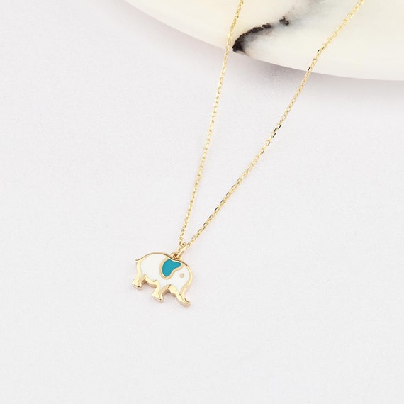 14K Gold Elephant Necklace With Enamel, Gold Elephant Necklace, Elephant Necklace, Elephant Gold Pendant, 14K Gold Necklace, Animal Necklace