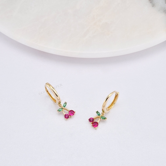 14K Gold Cherry Hoop Earrings, Gold Cherry Earrings, Cherry Hoop Earrings, Cherry Earrings, Fruit Earrings , 14K Hoop Earring, Gold Cherry.