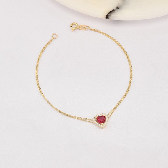 14K Gold Ruby Heart Bracelet, Gold Heart Bracelet, Ruby Bracelet, Heart Cut Ruby Bracelet, Heart Bracelet, 14K Gold Bracelet.