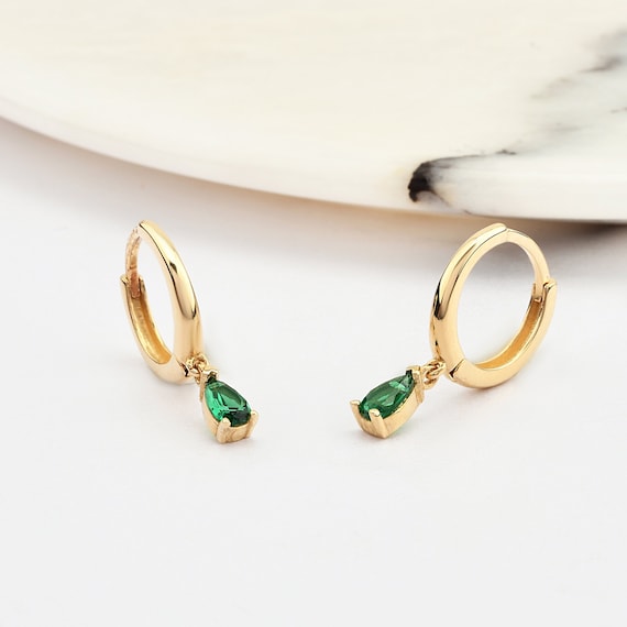 14K Gold Emerald Hoop Earrings, Emerald Gold Earrings, Emerald Stone Earrings, Pear Cut Emerald Earrings, Gold Hoop Earrings, Emerald.