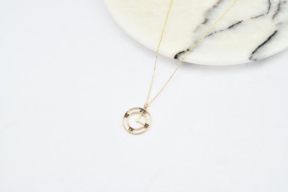 14K Gold Clock Necklace, Gold Clock Wing Necklace, Clock Charm Necklace, Time Necklace, Clock Necklace, 14K Gold Necklace, 14K Gold Clock.