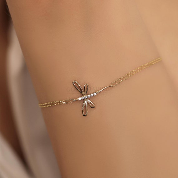 14K Gold Dragonfly Bracelet, Dragonfly Gold Bracelet, Lucky Dragonfly Bracelet, Dragonfly Bracelet, 14K Bracelet, Dragonfly Charm Bracelet.