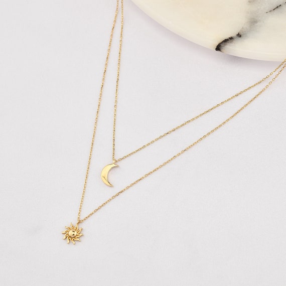 14K Gold Moon And Sun Necklace, Moon-Sun Necklace, Calestial Necklace, Sun Moon Necklace, Sun Necklace, Moon Necklace, 14K Gold Necklace.