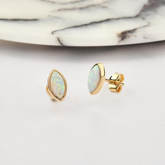 14K Gold Opal Earrings, Opal Gold Earrings, Opal Stud Earrings, Opal Earrings, Gemstone Gold Earrings, October Birthstone Earrings.