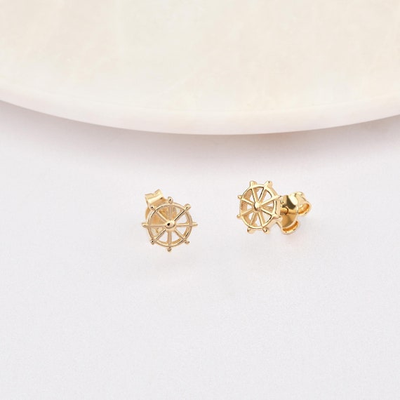 14K Gold Rudder Earrings, Rudder Gold Earrings, Rudder Charm Earring, Sailor Earrings, Wheel Earrings, Sailor Gold Earrings, 14K Gold.
