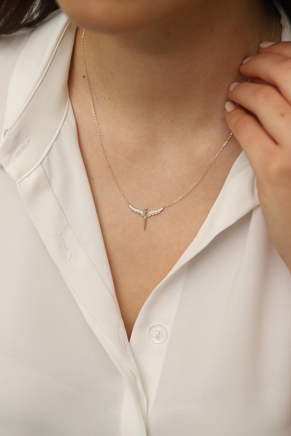 14K Gold Angel Necklace, Gold Angel Wing Necklace, Angel Charm Necklace, Wing Necklace, Angel Necklace, 14K Gold Necklace.