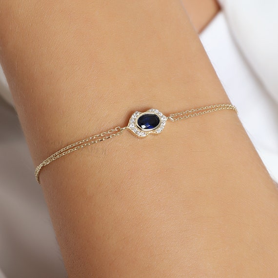 14K Gold Dark Sapphire Bracelet, Sapphire Stone Bracelet, Sapphire Gold Bracelet, September Birthstone Bracelet, Sapphire Gemstone Bracelet.
