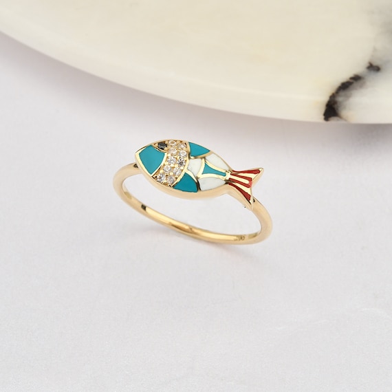 14K Gold Fish Ring With Enamel, Gold Fish Ring, Animal Ring, Lucky Fish Ring, Fish Charm Ring, Fish Ring, 14K Gold Ring, Fish Symbol Ring.
