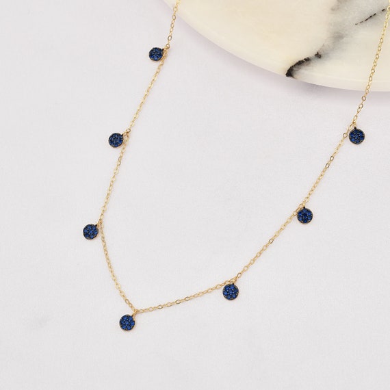 14K Gold Sapphire Discs Necklace, Discs Necklace, Station Necklace, Disc Necklace, Sapphire Necklace, 14K Necklace, Sapphire Stone Necklace.