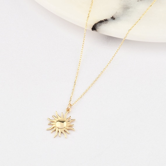 14K Gold Sun Necklace, Gold Sun Necklace, Sun Charm Necklace, Calestial Necklace, Sunshine Necklace, 14K Gold Necklace, Sun Symbol Necklace.