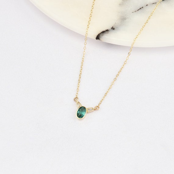 14K Gold Emerald Necklace, Gold Emerald Necklace, Emerald Charm Necklace, May Birthstone Necklace, Gemstone Necklace, 14K Gold Necklace.