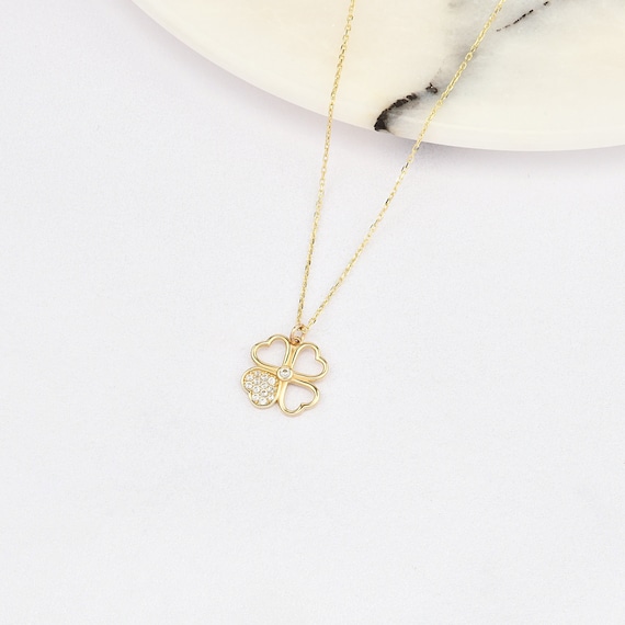 14K Gold Clover Necklace, Solid Gold Clover Necklace, 4 Leaf Clover Necklace, Floral Necklace, Lucky Clover Necklace, Flower Necklace.