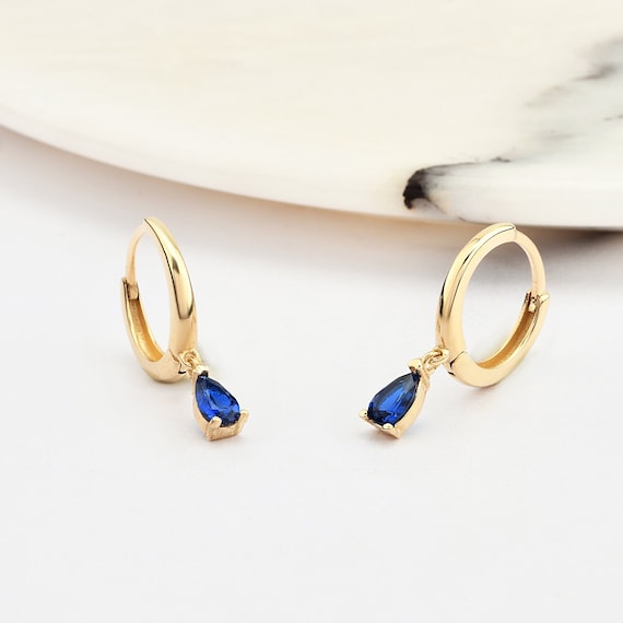 14K Gold Sapphire Hoop Earrings, Sapphire Gold Earrings, Sapphire Stone Earrings, Pear Cut Sapphire Earrings, Gold Hoop Earrings, Sapphire.