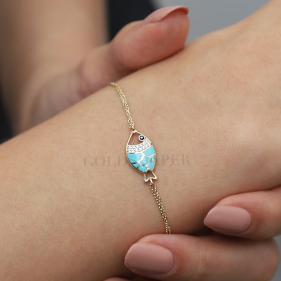 14K Gold Fish Bracelet With Enamel, Fish Gold Bracelet, Enamel Bracelet, Fish Bracelet, Sea Bracelet, 14K Gold Bracelet, Fish Charm Bracelet
