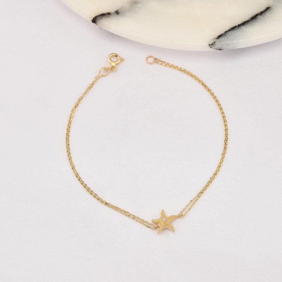 14K Gold Starfish Bracelet, Starfish Gold Bracelet, Starfish Charm Bracelet, Animal Bracelet, Starfish Symbol Bracelet, 14K Gold Bracelet.