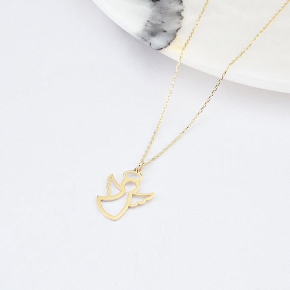 14K Gold Angel Necklace, Gold Angel Wing Necklace, Angel Charm Necklace, Wing Necklace, Angel Necklace, 14K Gold Necklace.