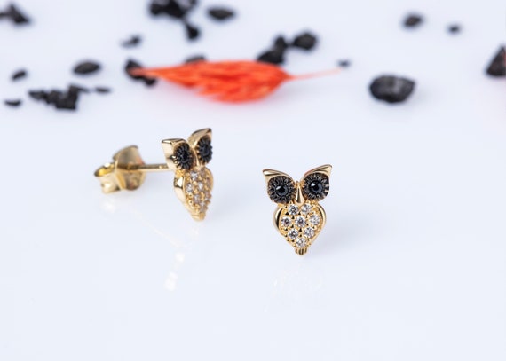 14K Gold Owl Earrings, Owl Gold Earrings, Owl Earrings, Owl Earring, 14K Gold Earrings, Gold Animal Earrings, Owl Charm Earrings, 14K Gold.