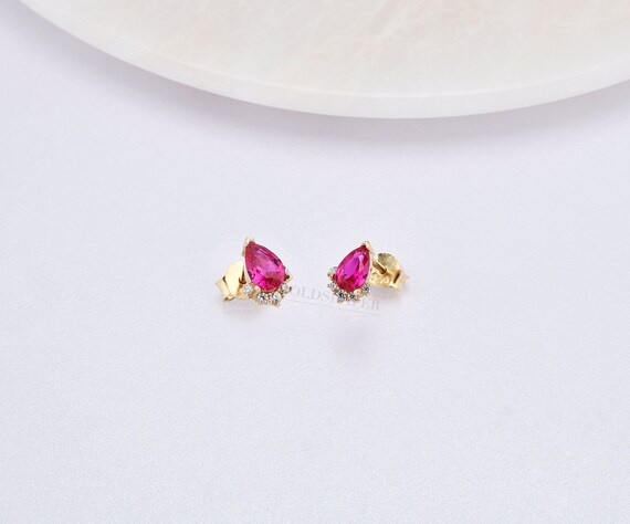 14K Gold Ruby Earrings, Ruby Gold Earrings, Ruby Stud Earrings, Ruby Earrings, Gemstone Gold Earrings, July Birthstone Earrings.