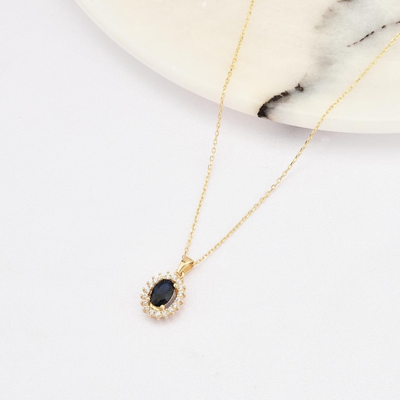 14K Gold Dark Sapphire Necklace, Gold Sapphire Necklace, Sapphire Charm Necklace, September Birthstone , Gemstone Necklace, 14K Necklace.