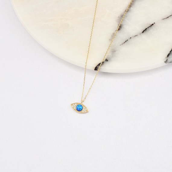 14K Gold Blue Opal Eye Necklace, Gold Eye Necklace, Gold Opal Necklace, Gold Eye Necklace, October Birthstone Necklace, 14K Gold Necklace.