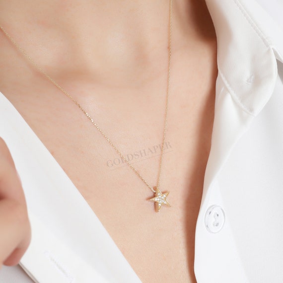14K ゴールド スター ネックレス、ゴールド スター ネックレス、スター 