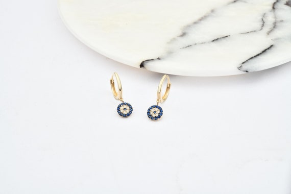 14K Gold Evil Eye Hoop Earrings, Gold Evil Eye Earrings, Eye Earrings, Gold Hoop Earrings, Evil Eye Charm Earrings, 14K Gold Hoop Earrings.