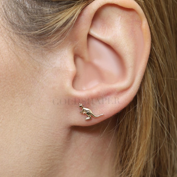 14K Gold Kangaroo Earrings, Kangaroo Gold Earrings, Kangaroo Symbol Earrings, Kangaroo Earring, 14K Gold Earrings, Gold Animal Earrings.