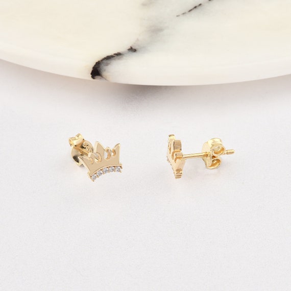 Crown Gold Earrings, 14K Gold Crown Earrings, Crown Symbol Earrings, Princess Earrings, Queen Earrings, Love Earrings, 14K Gold Earrings.