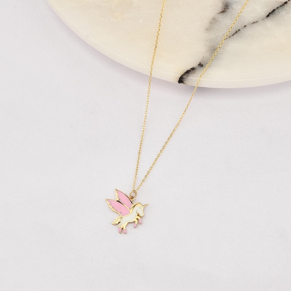 14K Gold Pegasus Necklace With Enamel, Gold Pegasus Necklace, Horse Necklace, Horse Gold Necklace, 14K Gold Necklace, Pegasus Charm Necklace